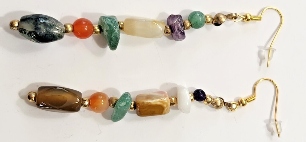 Handcrafted Dangle Earrings Goldtone Jade Quartz Jasper Carnelian Amethyst